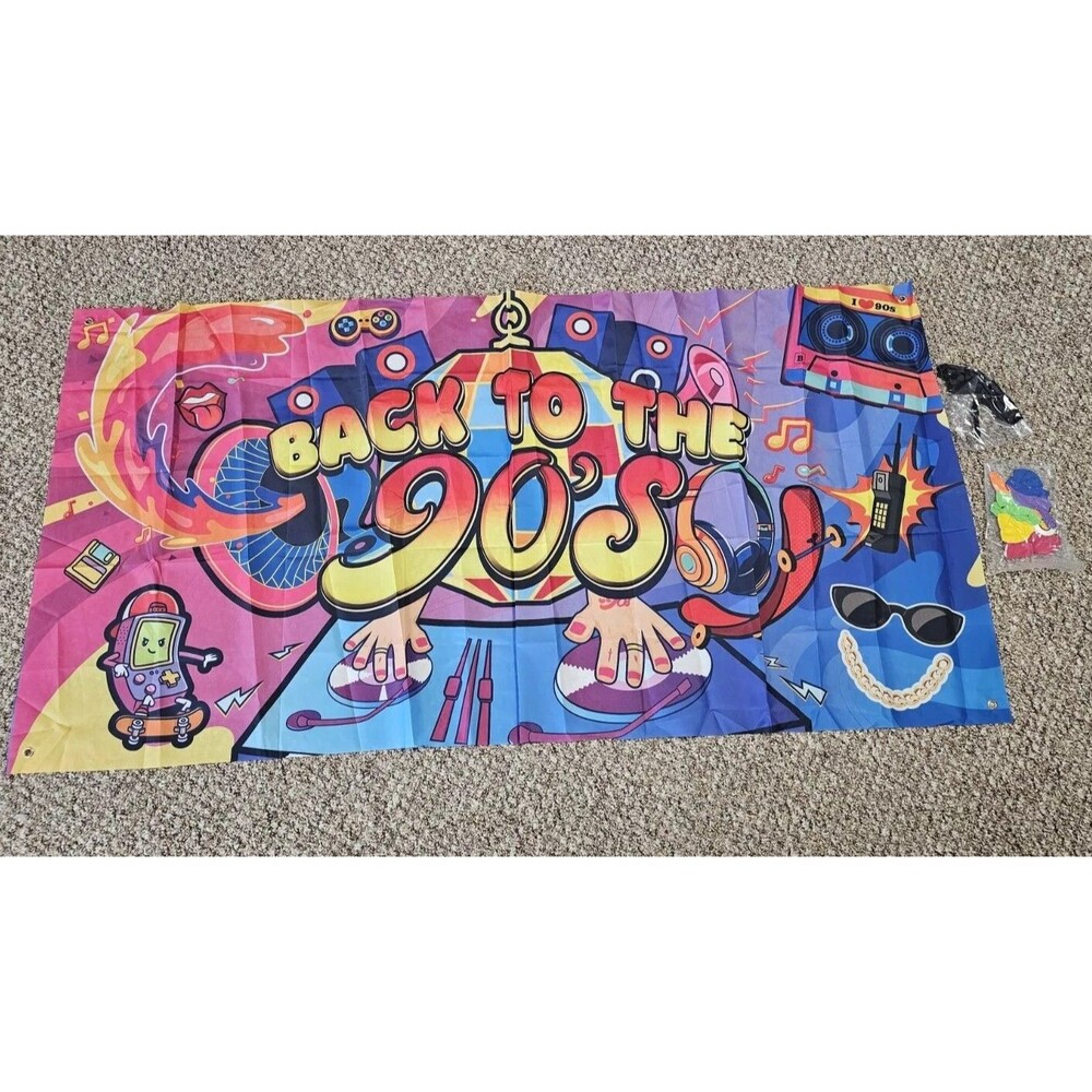 LOT 90s Party Decorations Back To The 90's TWO Backdrops 24 Balloon Music Theme